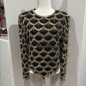 Laurence Kazar Gold and Black Embellished Long Sleeve Blouse